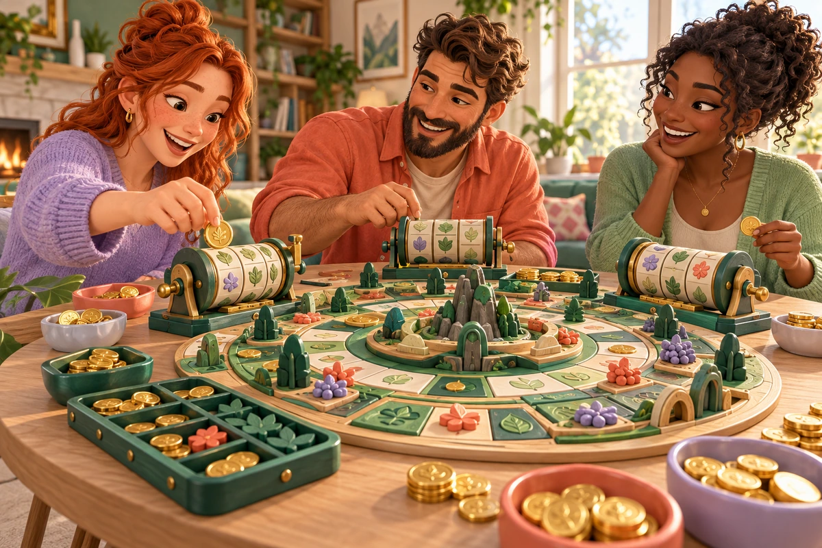 Three adult friends playing a colourful physical reel-and-coin game at a round table
