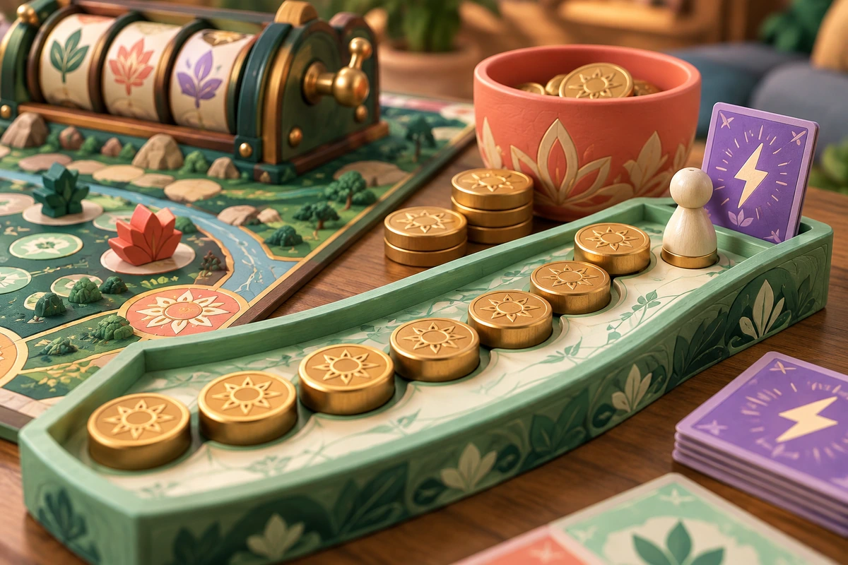 Golden wooden point discs arranged along a mint scoring tray beside a coral collection cup