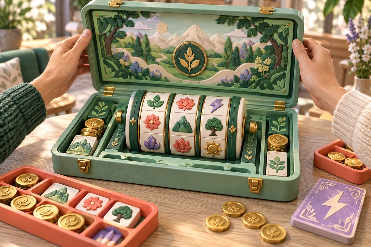 Open mint-green tabletop game case with manual reels, golden point discs and a lavender action card