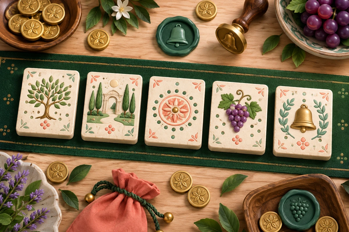 Ivory pattern-reference tiles, colourful emblem pieces and point coins on an emerald felt ribbon