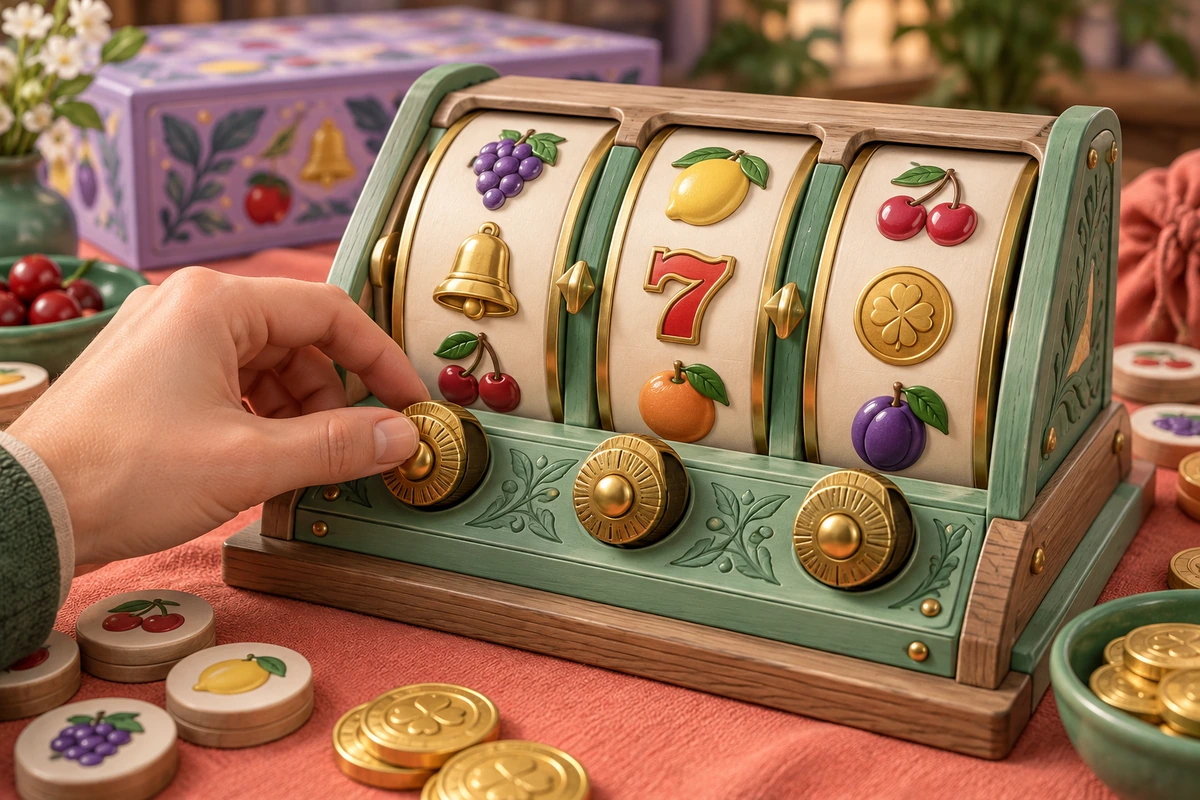 Adult hand adjusting a brass wheel on a mint and ivory mechanical tabletop reel board