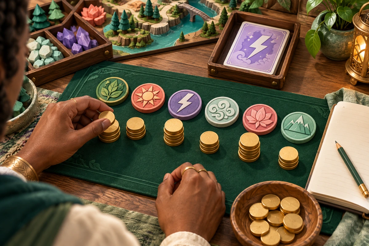 Player sorting wooden point discs and emblem collections on an emerald table mat