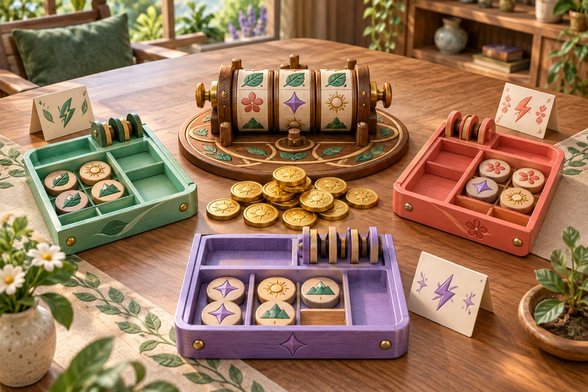 Three player trays arranged around a shared physical reel rack