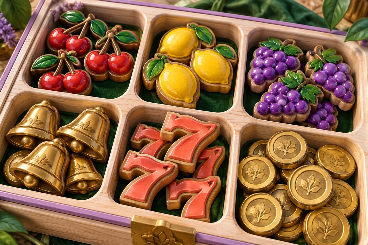 Six compartments holding cherries, lemons, grapes, bells, sevens and coin-shaped board-game emblems