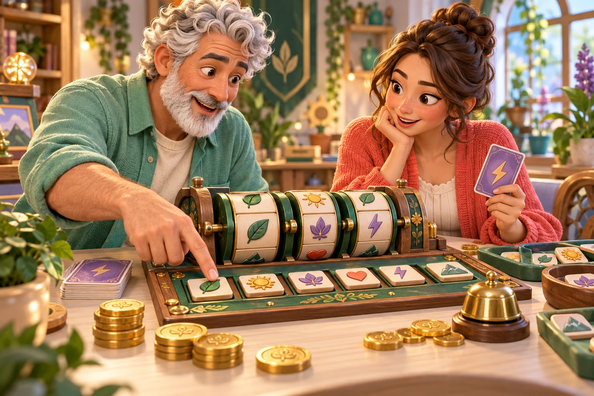 Older adult explaining a reel pattern while another adult examines a lightning action card